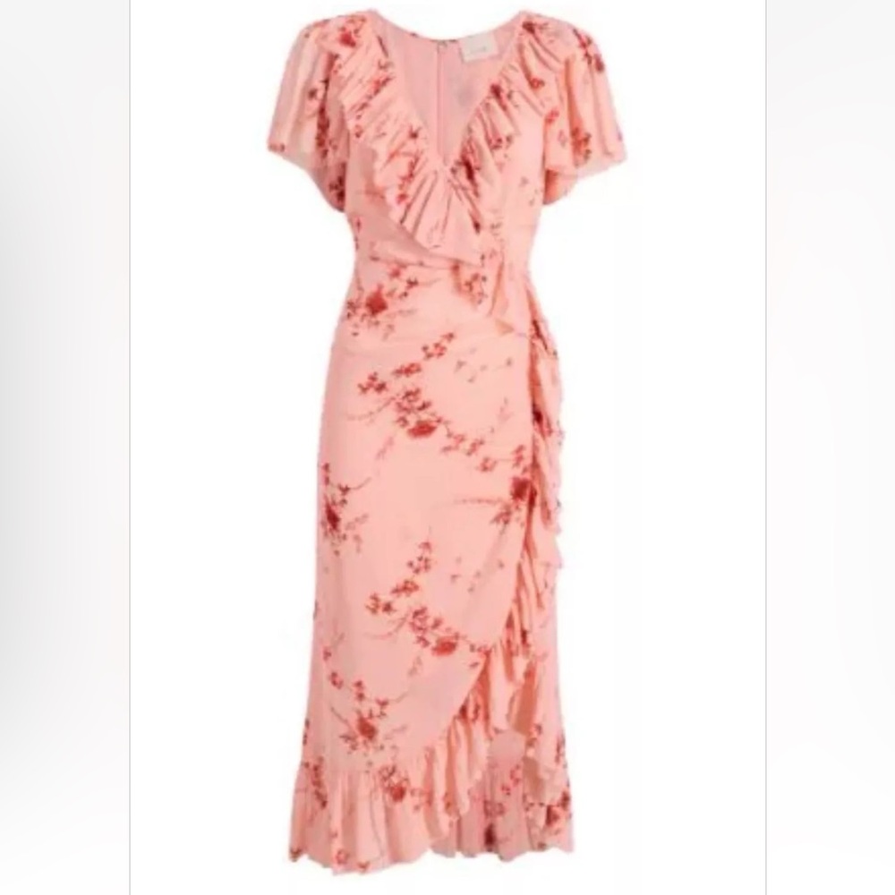 Cinq a Sept Fleur Sheila Faux Wrap dress. pale roseFloral Pink Ruffle Wrap Dress - Picture 5 of 15